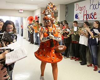 William D. Lewis The Vindicator The Bone Lady, super Browns fan Debra Darnall of Lakewood makes a grand entrance at Niles Middle School 12-18-13. She was there to speak to students and be taped for an upcoming ESPN feature.