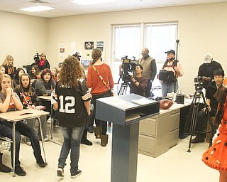 William D. Lewis The Vindicator The Bone Lady, super Browns fan Debra Darnall of Lakewood makes a grand entrance at Niles Middle School 12-18-13. She was there to speak to students and be taped for an upcoming ESPN feature.