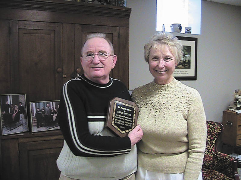 David Snyder, left, longtime member of the Springfield Township Historical Society, was presented with its 2013 Appreciation Award by Zonda Haase, president of the society. The award was presented at the annual dinner Dec. 8 at the home of Karry and Don Snyder Jr., a trustee of the society.
SPECIAL TO THE VINDICATOR