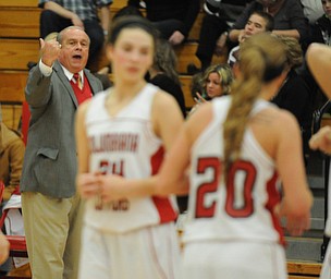 Columbiana head coach Ron Moschella calls to his players #24 Emily Whitacre and #20 Brianna Ginger during a time out during the 1st half of Monday nights game.