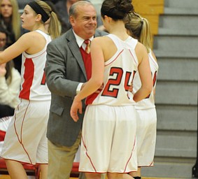 Columbiana head coach Ron Moschella smiles while talking to #24 Emily Witmer during the 2nd half of Monday nights game.