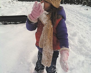 Sophia Testa stops to taste the snow while looking for a Christmas tree!