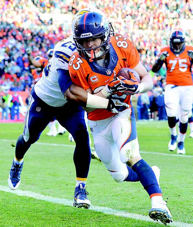 Broncos WR Wes Welker crosses the goal line after a nine-yard touchdown catch against Chargers DB Darrell Stuckey in the second quarter of Sunday’s AFC division playoff in Denver. The Broncos held off the Chargers to win 24-17 and advance to the AFC championship against the New England Patriots.