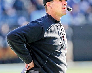 San Francisco 49ers head coach Jim Harbaugh watches from the sideline during the first half of an NFC divisional
playoff game against the Carolina Panthers in Charlotte, N.C.