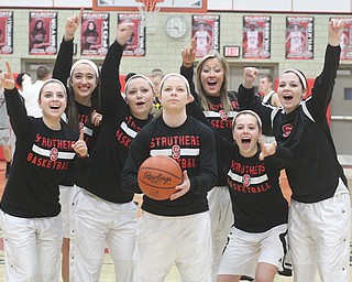 The 2014 Struthers girls basketball team is 9-3 overall and 3-1 in the All-American Conference American Division thanks to the efforts of three sets of sisters, including a pair of twins. They are, from left, McKenna Shives, Torre Smrek, Ashley Kane, Caitlin Kane, Halle Smrek, Karli Shives and Holly Kane.