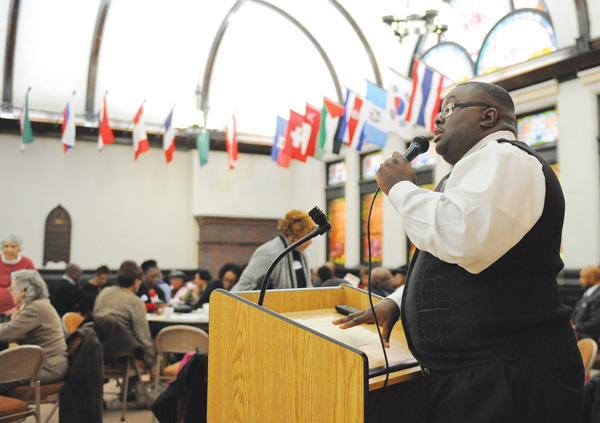 The Rev. Dr. Lewis W. Macklin II, pastor of Holy Trinity Missionary Baptist Church, moderates the 31st annual Community Workshop Celebrating the Life & Legacy of Dr. Martin Luther King Jr. at First Presbyterian Church, 201 Wick Ave. in Youngstown.