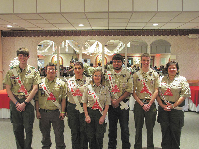 SPECIAL TO THE VINDICATOR: 
Candidates for the 2014 Vigil Honor were announced at Wapashuwi Lodge’s Order of the Arrow banquet. From left to right are Chris Leymarie of Boy Scout Troop 60 in Boardman; Noah Bokansky of Troop 99 in Newbury, Ohio; Linny Harden and Debi DeConcilus of Troop 31 in Niles; Clayton Burrows of Troop 100 in Hubbard; A.J. Gioglio of Troop 101 in Struthers; and Terri Andrews of Willoughby, Ohio, a committee member of the Headwaters District.