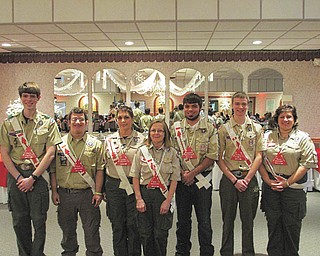 SPECIAL TO THE VINDICATOR: 
Candidates for the 2014 Vigil Honor were announced at Wapashuwi Lodge’s Order of the Arrow banquet. From left to right are Chris Leymarie of Boy Scout Troop 60 in Boardman; Noah Bokansky of Troop 99 in Newbury, Ohio; Linny Harden and Debi DeConcilus of Troop 31 in Niles; Clayton Burrows of Troop 100 in Hubbard; A.J. Gioglio of Troop 101 in Struthers; and Terri Andrews of Willoughby, Ohio, a committee member of the Headwaters District.