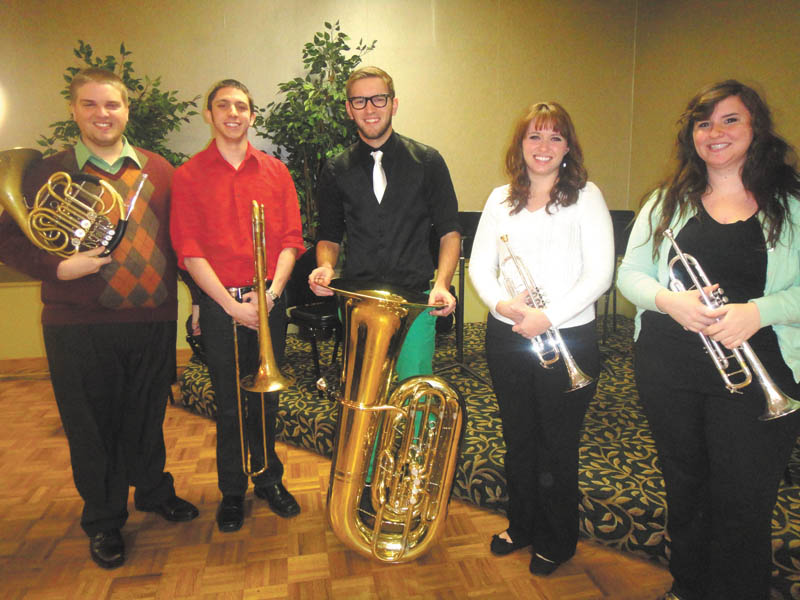 SPECIAL TO THE VINDICATOR
Trumbull Retired Teachers Association recently met and were entertained by Dana School of Music students. From left are Victor Cardamone, Anthony Colella, Travis Beatty, Sara Loney and Sarah Komsa. TRTA’s next meeting will be Feb. 11 at Ciminero’s Banquet Centre, 123 Main St., Niles. The luncheon is $11.25, and checks should be mailed to Ellen King, 7141 Vineland Place, Youngstown OH 44512-4845. Patty Krivosh will present a program that allows students to explore the teaching profession before attending college. Community service collections for this month include candle wax, canceled stamps, cell phones, eyeglasses, hearing aids and yarn. For information visit www.trumbullrta.blogspot.com.