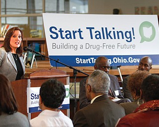 Ohio Lt. Gov. Mary Taylor speaks at the kickoff of Start Talking! Ohio’s Youth Drug Abuse Prevention Initiative on Monday at East High School.
