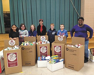 SPECIAL TO THE VINDICATOR
Members of the fourth-grade student council at E.J. Blott Elementary School in Liberty organized a canned food drive for the Second Harvest Food Bank. Collected at the school were 991 pounds of food. Organizers were, from left, Alyssa Gilchrist, Grace McCarty, Emily Benson, Layla Esmail, John Chandler, Chris Myers and Nataya Shepard. Marisa Patrone also participated.