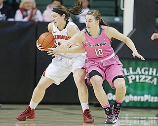 Youngstown State junior Heidi Schlegel keeps the ball away from Green Bay defender Mehryn Kraker during
Sunday’s Horizon League game at the Kress Center. Schlegel had a game-high 23 points, including the 1,000th
of her career, as YSU won 72-63.