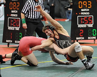 Nick Cardiero of Giard makes a move to take the back of Jared Pack of Centerburg during their 170lb Division 3 championship bracket bout during the State High School Wrestling meet on February 27, 2014 at Jerome Schottenstein Center in Columbus, Ohio.