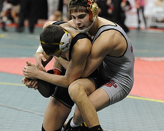 COLUMBUS, OHIO - FEBRUARY 28, 2014: Georgio Poullas of Canfield controls the back of Chandler Minnard of Bloom-Carroll during their during their 126lb consolation bracket bout during the 2014 division 2 state wrestling tournament at Schottenstein Center.