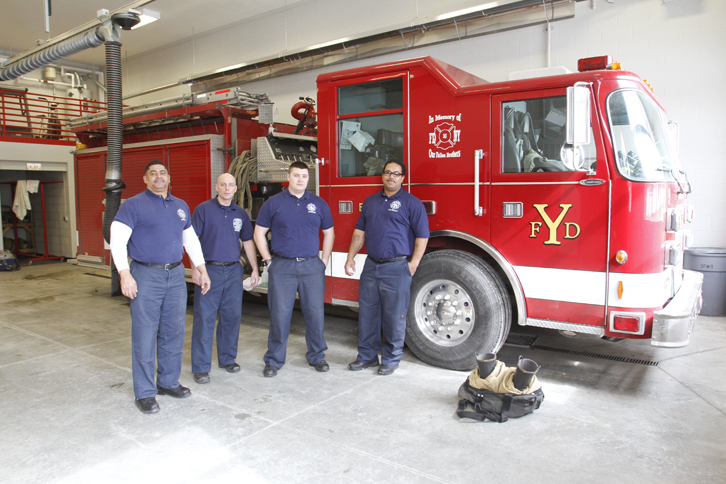        ROBERT K. YOSAY  | THE VINDICATOR..Staffing  Captain Perry Harrison- William Palma - Jeff Goodlet and Lt Chris Brown  and #9..YFD newest station on Midlothian- has two bays - living area - dorm area - bathrooms with showers - .