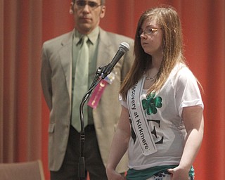  .          ROBERT  K. YOSAY | THE VINDICATOR.. SaturdayÕs 81st Vindicator Regional Spelling Bee...Youngstown City Schools Discovery at Kirkmere  twirls her  shirt as she spells -Morgan Smith  7th grader..-30-