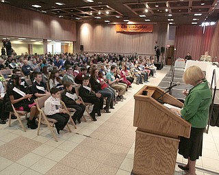  .          ROBERT  K. YOSAY | THE VINDICATOR.. SaturdayÕs 81st Vindicator Regional Spelling Bee..Nena Perkins starts the Bee in the Chestnut Room of Kilcawley at YSU.-30-