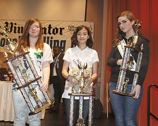  .          ROBERT  K. YOSAY | THE VINDICATOR.. SaturdayÕs 81st Vindicator Regional Spelling Bee..l-r Second place winner Morgan Smith Winner Annabelle Day and Lindsay Davis third place.-30-