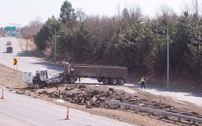 This tractor-trailer blocked traffic on Interstate 680 southbound after crashing about 3:15 p.m. Tuesday just before the state Route 711 entrance ramp. It also reduced traffic to one lane in the northbound lanes after part of its load spilled out. No one was injured.