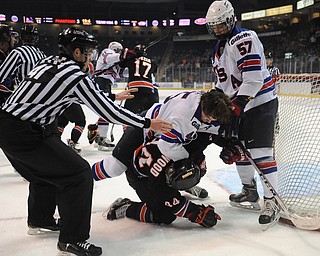 YOUNGSTOWN, OHIO - MARCH 21, 2014: Nicholas Boka#45 of Team USA throws a elbow to Kiefer Sherwood #44 of the Phantoms during the 1st period of Friday morning against Team USA at the Covelli Centre. The Phantoms won 7-3.
