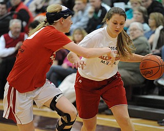 David W. Dermer | The Vindicator
BOARDMAN, OHIO - MARCH 26, 2014: Cassie Custer #15 from Fitch looks for a lane to the basket inside of Sarah Cash #20 from Lordstown  during the 2014 Al Beach All Star game Wednesday night at Boardman High School. ..
