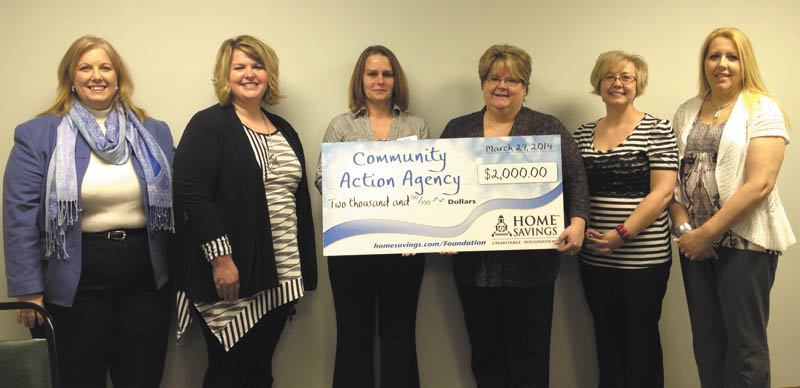 SPECIAL TO THE VINDICATOR
Home Savings Charitable Foundation recently donated $2,000 to Community Action Agency of Columbiana to support its Stand Down event Saturday. This event offers educational, vocational and substance abuse counseling, housing assistance and veterans’ benefits for low income individuals and veterans, their spouses or children under 18, facing difficult times. Funds will be used to prepare a hot meal for veterans and their families, nonperishable food items for giveaway, paper products, toiletries and personal hygiene items. From left are Diana Nelms, area manager of Home Savings; Courtney Kountz, CAA; Holly Gaston, retail manager of Home Savings Salem office; Martina Grimm, CAA; and April Brinker and Debbie Richards, both of  Leadership Columbiana County. For information about CAA of Columbiana County call 330-424-7221 or visit caaofcc.org/.