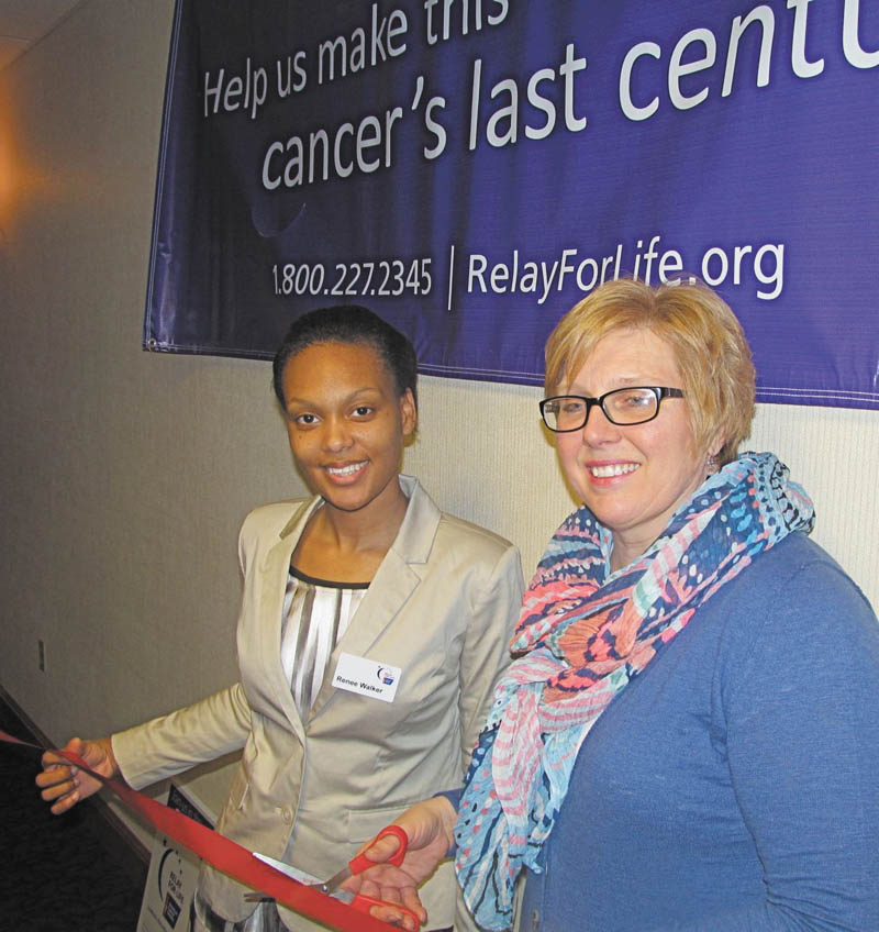 SPECIAL TO THE VINDICATOR
Renee Walker, left, American Cancer Society Relay for Life specialist, and Tracey Sevenich, Dutch Village Inn representative, recently shared ribbon-cutting honors for the official 2014 Relay for Life Resource Center for Columbiana County. The center is in the Dutch Village Inn in Columbiana and is open seven days a week with information about the Relay for Life events scheduled for the county in June and July. Those interested can pickup brochures, order forms for luminaria tributes and Cleveland Indians vs. Chicago White Sox fundraiser ticket forms. Columbiana’s relay will be July 11 at Crestview football field. East Liverpool’s relay will be June 6, and Salem’s relay will be June 13. For information call 800-227-2345 or visit RelayForLife.org.