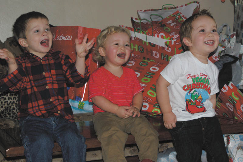 Laurie Fox’s grandsons’ gleeful faces are watching others in the family opening presents this past Christmas. From left are Cameron, son of Beth and Matt Mason of Salem, and Jack and Ben, sons of Becky and Bill Gaither of Austintown.