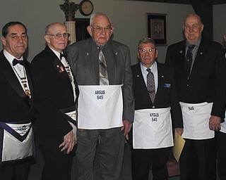 SPECIAL TO THE VINDICATOR
When Argus Masonic Lodge 545 met recently, 31 members were honored. Among those present were, from left to right, WB Marc Roca, RWB Russell W. Gillam Jr., RWB Gary L. Wilms, Jack E. Hutchinson, Delmer W. Richards, Wilmer K. Jones, David E. Jones and James A. Streeky.