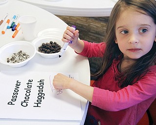 Abby Hagler, 3, of Poland draws on “The Passover Chocolate Haggadah,” the prayer book for the Seder, during a Chocolate Seder recently at Congregation Rodef Shalom in Youngstown. Rabbi Franklin Muller led the ritual meal for children and their families as a pre-Passover event. Passover begins at sundown today.