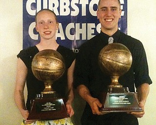 Sarah Cash of Lordstown and Alex DiFrancesco of Fitch pose with the awards they received after being named as the girls and boys basketball players of the year by the Curbstone Coaches Association. The awards presentation
took place Sunday at the organization’s annual all league recognition banquet at The Georgetown in Boardman.