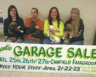 SPECIAL TO THE VINDICATOR
Preparing for the 20th anniversary garage sale, from left, are Lauren Potts, Angels for Animals outreach director; Kevin Novotak, Angels cat manager; Diane Less, Angels co-founder; and Lisa Kishok, Angels office manager. The event will take place April 25 through 27 at Canfield Fairgrounds, 7265 Columbiana Canfield Road, and the hours are 10 a.m. to noon Friday, entry $5; noon to 6 p.m. Friday and 10 a.m. to 5 p.m. Saturday, entry $1; 10 a.m. to 3 p.m. Sunday, entry free, everything 50 percent off; and 3:15 to 5 p.m. Sunday $5 to $10 clearance sale. Items will include furniture, books, toys, small appliances, antiques, clothing, glassware, jewelry and more. There will be food and basket and 50-50 raffles. Donations will be accepted from 10 a.m. to 7 p.m. Monday through Wednesday. Donors should go to the main gate of the fairgrounds off state Route 46 and follow the signs. Console TVs, sofa beds, encyclopedias, tires, Christmas trees, mattresses or box springs will not be accepted. For donation pickup call 330-549-1111, ext. 330. No dogs, wagons or strollers will be permitted inside the buildings. All sales are final and all items are sold as is. There will be no refunds or exchanges and no warranties expressed or implied. Volunteers are needed. Register on the website www.angelsforanimals.org under forms/fliers or call the shelter at 330-549-1111, ext. 106.