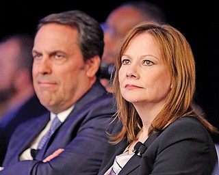 Mary Barra, CEO of General Motors, and Mark Reuss, executive vice president of Global Product Development for GM and president of GM America, attend the New York International Auto Show.