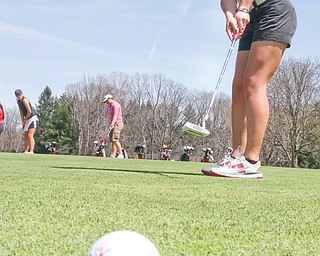 Youngstown State’s Mia Barchetti, above, sinks a putt during practice Monday at Youngstown Country Club. Barchetti is one of five players who first-year-coach Nate Miklos is counting on to bring home the title from the Horizon League championship this weekend in Howey-in-the-Hills, Fla.