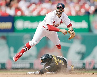Pittsburgh’s Josh Harrison, bottom, is out at second as St. Louis Cardinals second baseman Daniel Descalso turns the double play during the eighth inning of Sunday’s game in St. Louis. The Pirates’ Jose Tabata was out at first.
