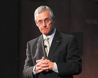Jim Tressel, a finalist for the presidency at both the University of Akron and Youngstown State University, explains his plans for UA if he’s chosen for the job to a crowd Thursday afternoon inside the Student Union Theatre. Tressel is the former head football coach at both YSU and Ohio State and works as executive vice president for student success at UA.
