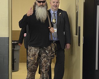 Katie Rickman | The Vindicator.Phil Robertson of the TV show Duck Dynasty walks out to the stage at Rally in the Valley at the Covelli Centre May 3, 2014.