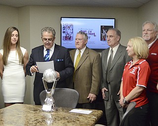L-R.Evan Standohar, Brittany Zupko, David Betris, John Kopp, Joseph Cappezullo, Nancy Knight, John Grandy, and Craig Hannon award two local students with the John Kopp Heart of a Champion Award May 7, 2014.