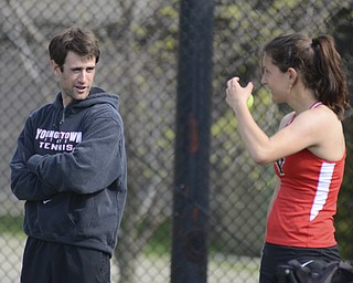 Katie Rickman | The Vindicator.Coach Mickael Sopel speaks to Annina Brendel at the teams practice May 7, 2014.