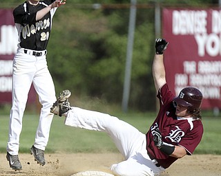 William D.Lewis The Vindicator  Boardman's Evan Croutch(33) is safe at 2nd ) is safe at first as Warren's Doug Painter(20) waits for the throw during 5-13-2014 action at Boardman.