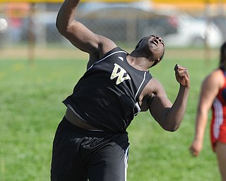 CANFIELD, OHIO - MAY 13, 2014: James Daniels of Harding throws the shot put during the AAC Red Tier Division track meet at Canfield High School. (Photo by David Dermer/Youngstown Vindicator)