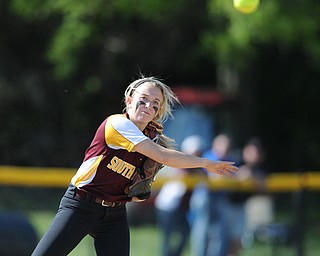 NORTH LIMA, OHIO - MAY 19, 2014: Infielder Stevie Taylor #8 throws the ball to first base for the 3rd out in the top of the 4th inning during a game at South Range High School. (Photo by David Dermer/ Youngstown Vindicator)