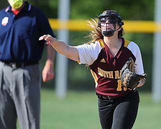 NORTH LIMA, OHIO - MAY 19, 2014: Infielder Lydia Baird #10 of South Range throws the ball to first base for the third out int he top of the 6th inning during a game at South Range High School. (Photo by David Dermer/ Youngstown Vindicator)