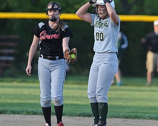 NORTH LIMA, OHIO - MAY 19, 2014: Base runner Makayla Shore #00 of Ursuline stands on second base and reacts after hitting a double late in the game during a game at South Range High School. (Photo by David Dermer/ Youngstown Vindicator)