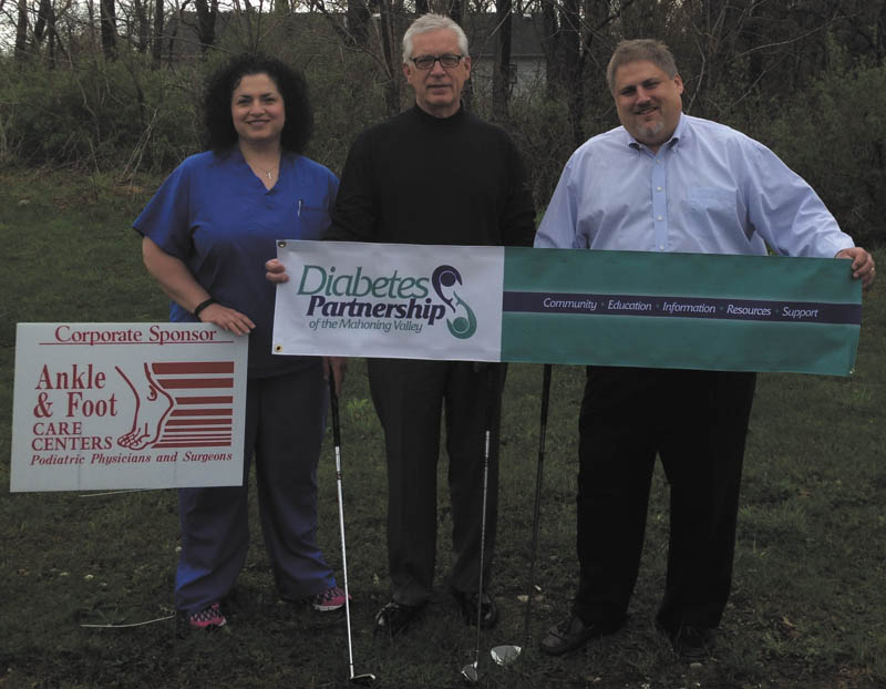 SPECIAL TO THE VINDICATOR
Ankle & Foot Care Centers has announced plans for its 16th Annual Golf Benefit, a four-person scramble set for Aug. 22 at the Pine Lakes Golf Club, 6233 W. Liberty St. in Hubbard. The tournament raises money for local diabetes education, resources and support through Ankle & Foot Care and the Diabetes Partnership of the Mahoning Valley. Play will begin with a shotgun start at noon, after the sign-in at 11 a.m. The $100 fee per golfer includes 18 holes of golf, lunch and dinner, beverages on the course, merchandise prizes and skill contests. Lunch will be served on the course, and dinner at the pavilion will follow golfing. The reservation deadline is Aug. 8. Sign up by calling Michael Vallas at Ankle & Foot Care at 330-629-8800. Corporate sponsorships also are available. From left to right are Dr. Michelle Anania; Edward Hassay, president of the partnership; and Vallas, practice administrator for Ankle & Foot Care.