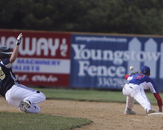 Western Reserve's Zach Smith (2) catches a throw from the outfield to second base to get the force out on Lowellville's Vince Potunno (28) during Thursday afternoons matchup at Bob Cene Park in Struthers. Dustin Livesay  |  The Vindicator  5/22/14  Bob Cene Park.