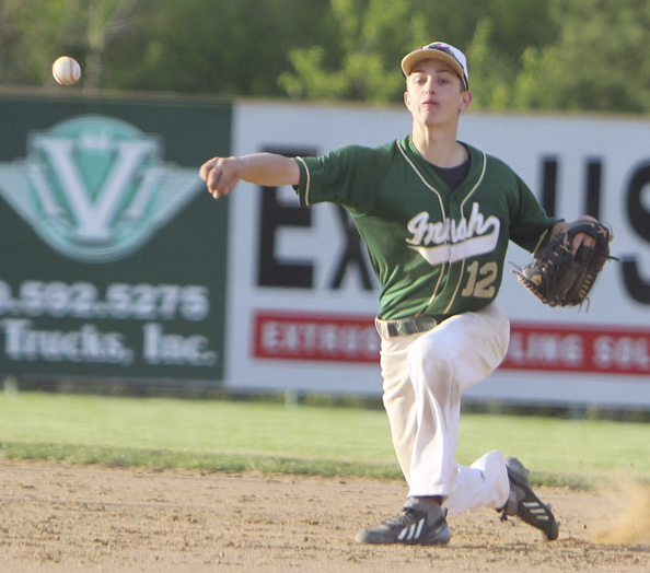 Ursuline's Gianni Quattro throws the ball to first base after making the stop during Thursday evenings matchup against South Range at Bob Cene Park in Struthers.  Dustin Livesay  |  The Vindicator  5/22/14  Struthers.