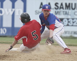 William D Lewis  The Vindicator Mathews Cobie Pratt5) is safe at 2nd as WR's Tristan Bova (23) waits for the throw.