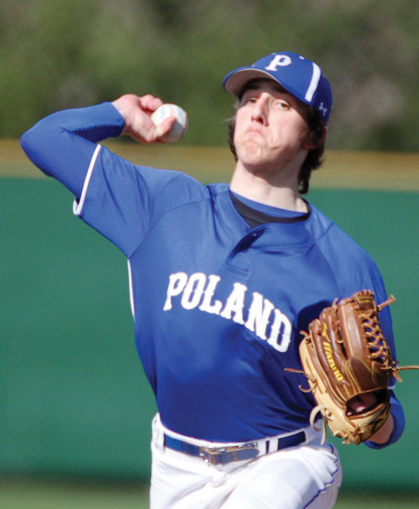 Poland pitcher Pat Carlozzi delivers during an April 17 game with Ursuline at Cene Park. Fresh off a no-hitter in the district semifinals, he will face Peninsula Woodridge on Thursday.
