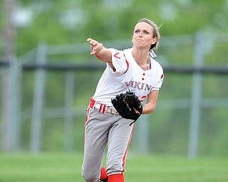 MASSILLON, OHIO - MAY 28, 2014: Infielder Somer McCoy #21 of LaBrae throws the ball to first base for the 1st out in the top of the 4th inning during a OHSAA tournament game at Massillon Washington High School. Manchester won 4-1. (Photo by David Dermer/Youngstown Vindicator)